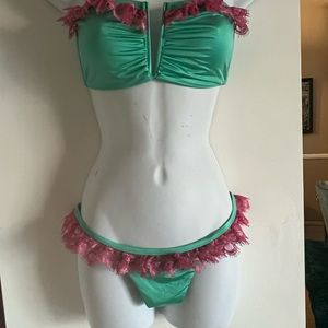 Beach Bunny Bikini 2 Piece Teal Green Pink trim Ruffles
